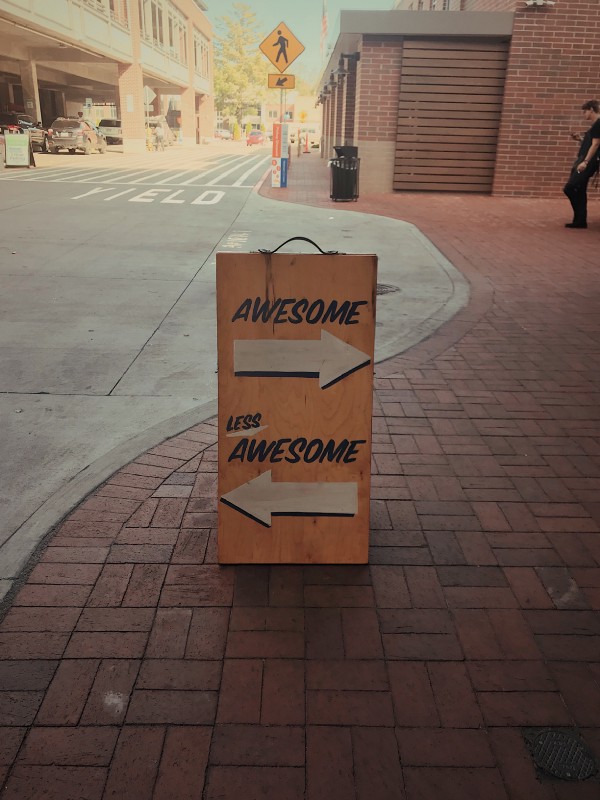 A photo of a sign pointing to &lsquo;awesome&rsquo; on the right, and &lsquo;less awesome&rsquo; on the left