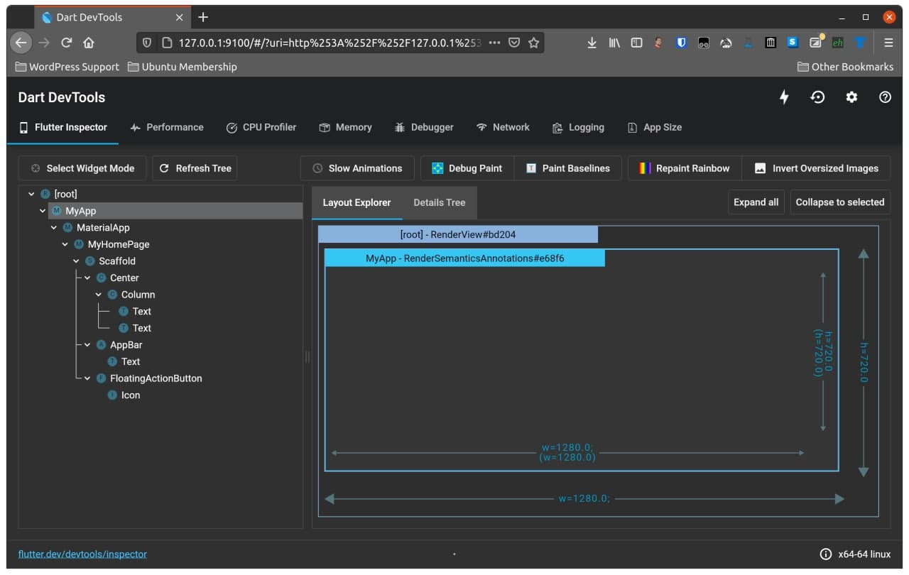 Flutter debugger running in Firefox debugging the default Flutter app