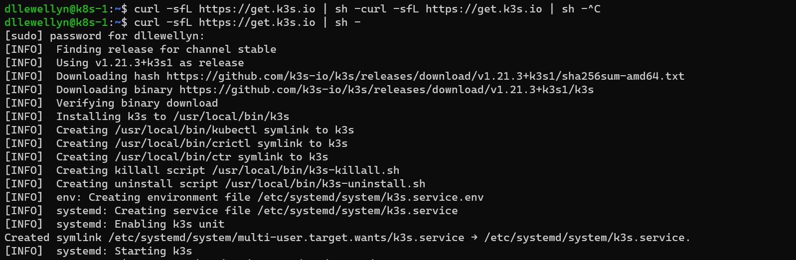 Screenshot of terminal output of installing the first node